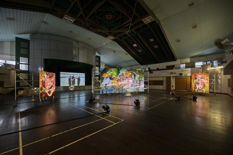 Installation view of Young-jun Tak’s Love Was Taught Last Friday' (2025), commissioned by Singapore Art Museum for Singapore Biennale 2025_ pure intention, and Kei Imazu's Pelvis and Rhizome (2023) 