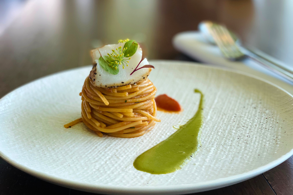 Spaghetti, monk fish ragout, rucola pesto