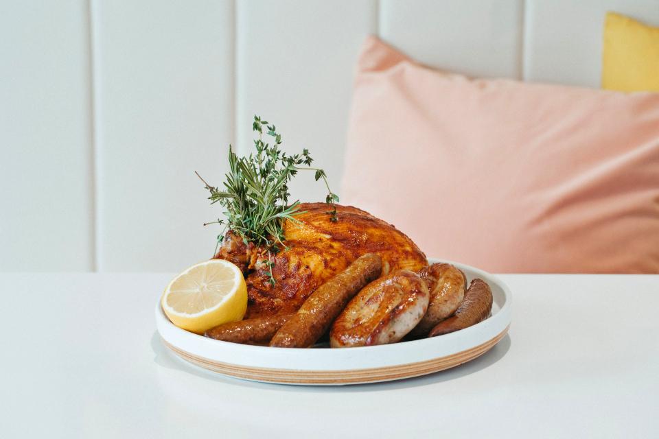 Spiced Whole Chicken with sausages and butter pilaf