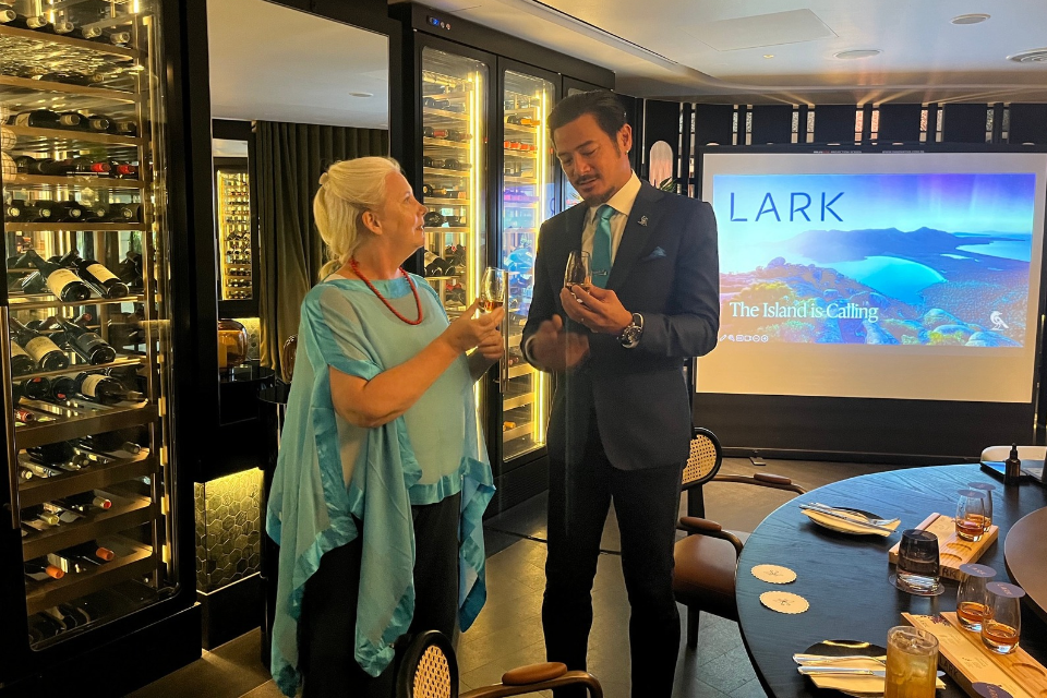 Joanne Flinn and the host for Lark whisky tasting at QT in Singapore