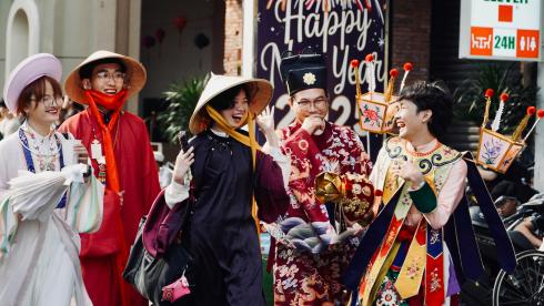 Vietnam Festivals a group of local Vietnamese in Traditional Dress