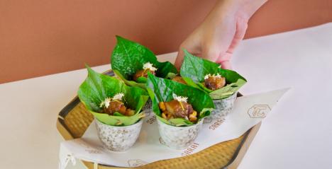 grilled iberico pork collar with betel leaves at Sarai Fine Thai